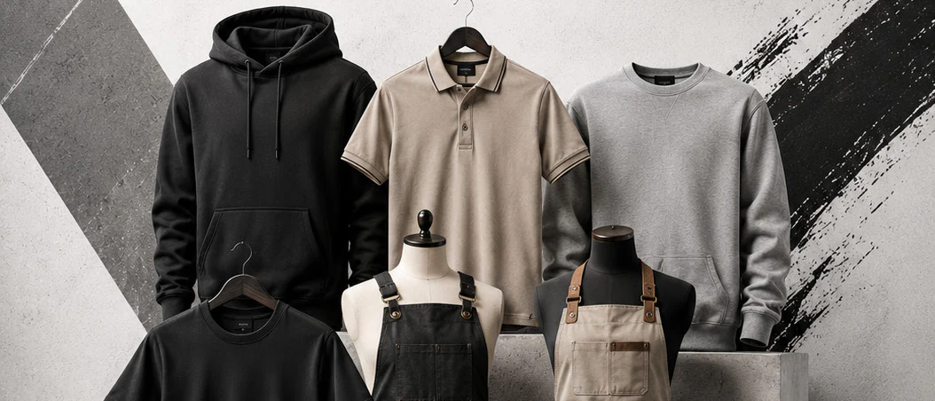 Row of BadFly garments on forms — hoodie, polo shirt, sweatshirt, T-shirt and aprons