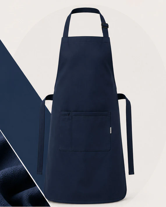 Navy bib apron with front pocket and adjustable ties