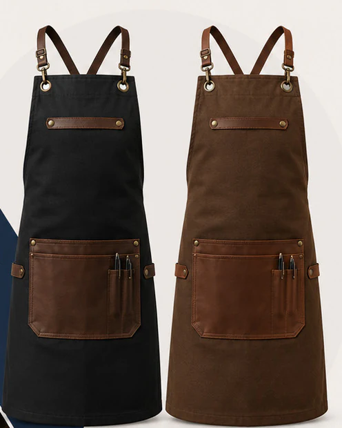 Black and brown canvas barista aprons with leather straps and pockets