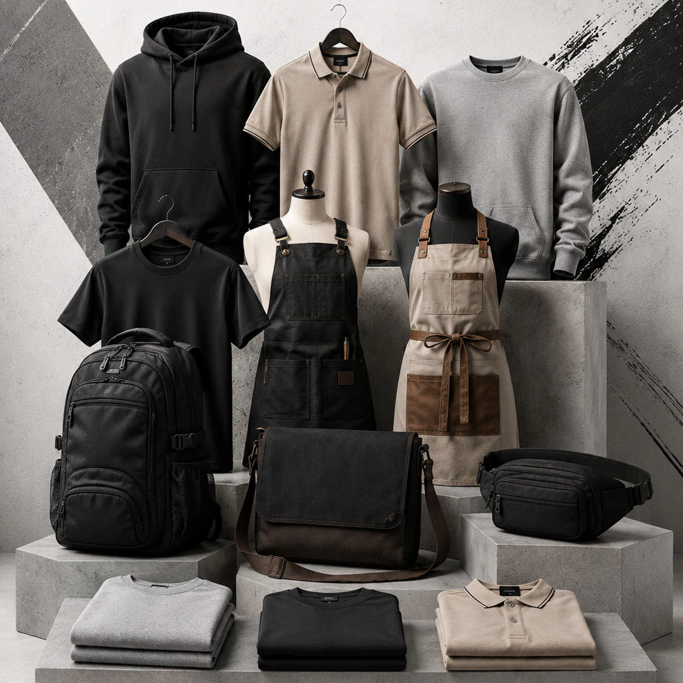BadFly collection: hoodie, polo shirt, sweatshirt and T-shirt on forms with aprons, bags and folded garments
