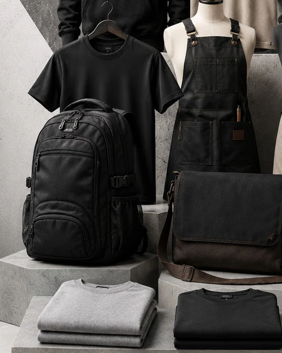 Backpack, canvas bag, apron and folded T-shirts from the BadFly merchandise range