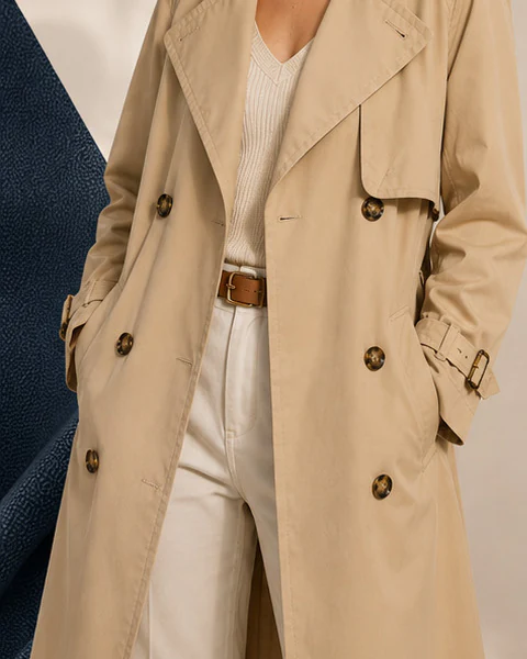 Beige double-breasted trench coat with belt