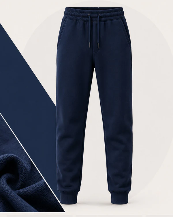 Navy jogger trousers with drawcord waist and ribbed cuffs