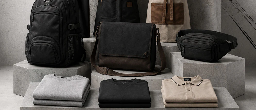 Canvas messenger bag, backpack, aprons and folded garments from the BadFly collection