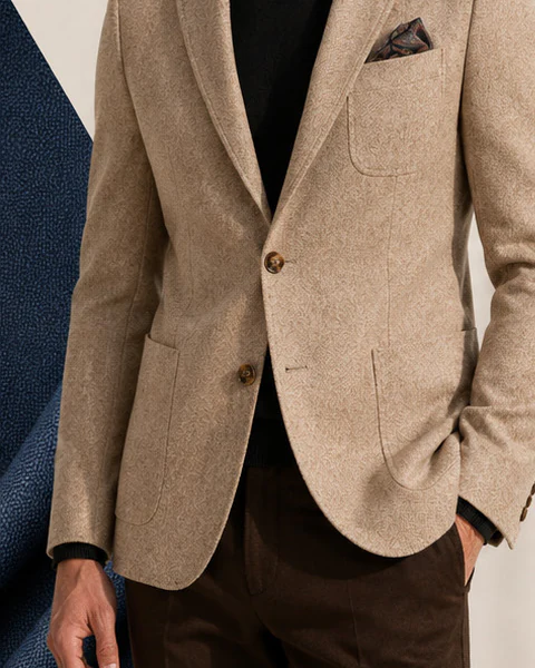 Men's textured beige blazer worn with dark tailored trousers