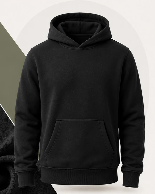 Black heavyweight hoodie with drawcords and kangaroo pocket