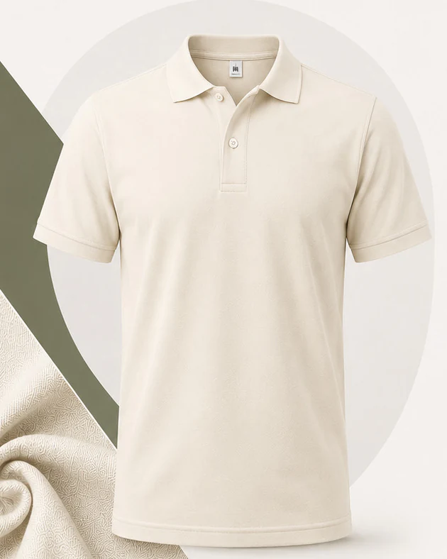 Cream piqué polo shirt with ribbed collar and button placket