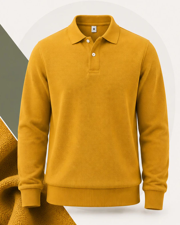 Mustard long-sleeve knitted polo shirt
