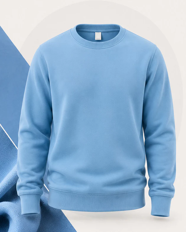 Light blue crew-neck sweatshirt with ribbed cuffs and hem