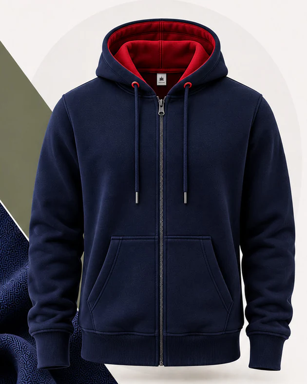 Navy full-zip hoodie with contrast red hood lining