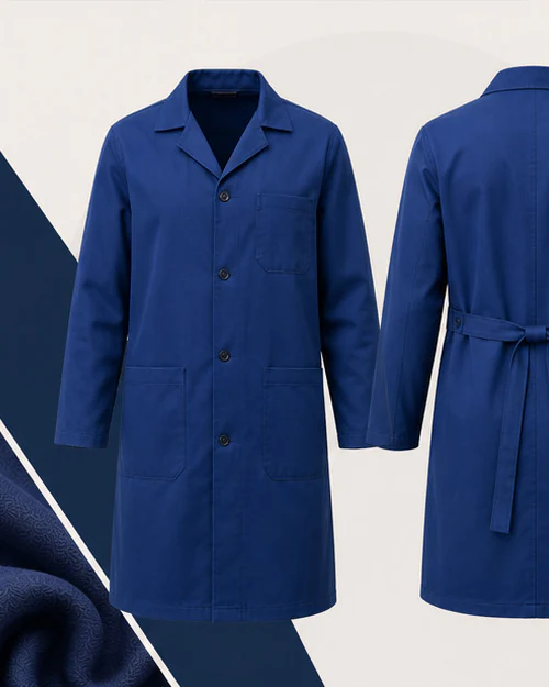 Royal blue work coat shown from front and back